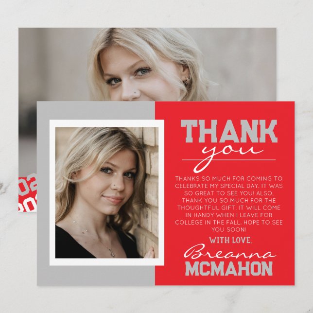 Red & Silver Grey Modern Graduation Thank You Card (Front/Back)