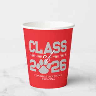 Red & Silver Grey Pawprint Graduation Class Year Paper Cups