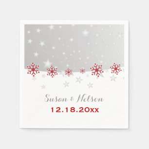 Red, silver grey snowflake modern wedding napkin