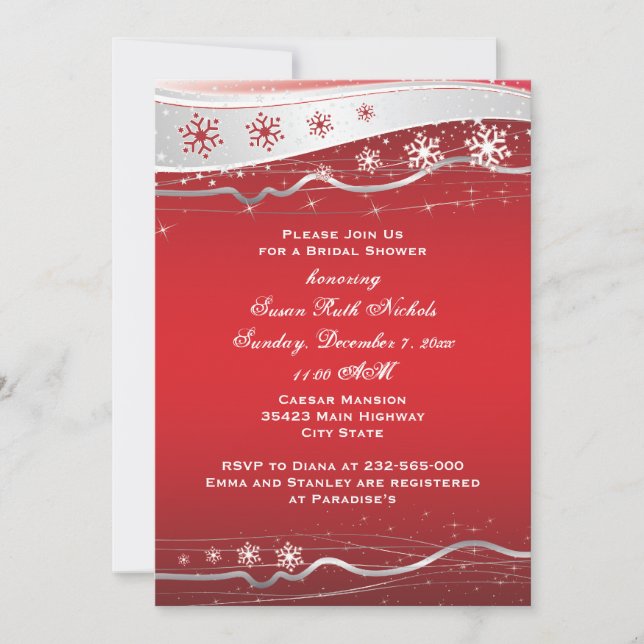 Red, silver grey snowflake wedding bridal shower invitation (Front)