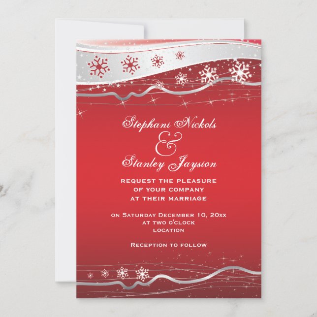 Red, silver grey snowflake winter wedding invitation (Front)