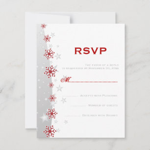Red silver grey white snowflake wedding RSVP Card