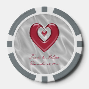 Red Silver Heart Your Name Wedding Favours Poker Chips