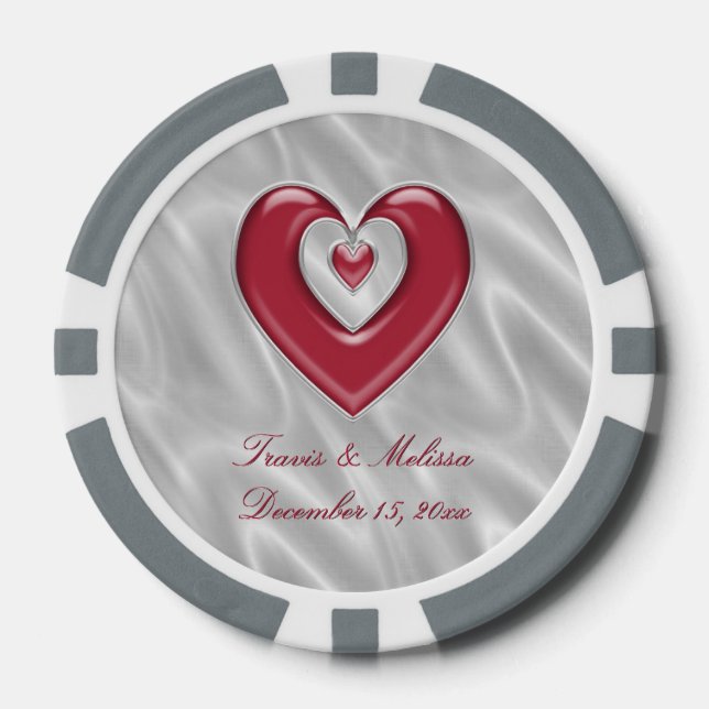 Red Silver Heart Your Name Wedding Favours Poker Chips (Front)