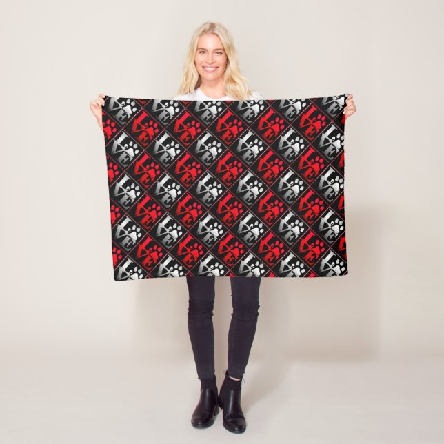 Red & Silver Love Paws Pattern Small Fleece Blanket (In Situ)