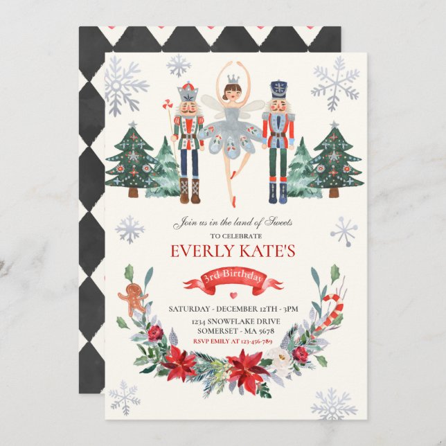 Red & Silver Nutcracker Birthday Sugar Plum Fairy Invitation (Front/Back)