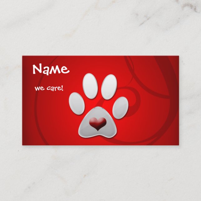 Red Silver  Paw Heart Pet Business Card (Front)
