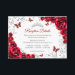 Red Silver Quinceanera Reception Details Enclosure Card<br><div class="desc">Red silver Quinceanera reception details enclosure cards. Features,  script font,  silver butterflies,  watercolor roses and tiara. Perfect for an elegant princess style glam celebration. Personalize with your own details.</div>