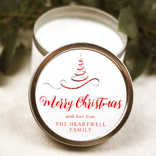 Red Silver Ribbon Tree Merry Christmas Script Classic Round Sticker