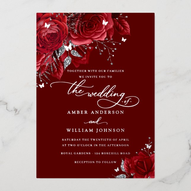 Red Silver Rose Sparkling Butterfly Wedding  (Front)