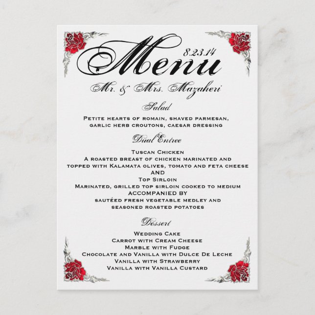 Red Silver Rose Wedding Dinner Menu Thank you Note Postcard (Front)
