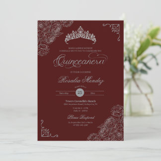 Red & Silver Roses Elegant Quinceañera  Invitation