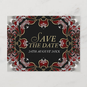 Red+Silver Satin Save the Date Postcard