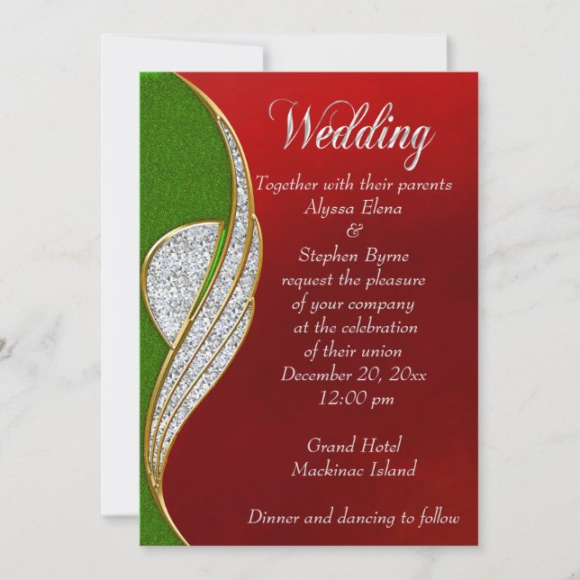 Red, Silver  Silver Christmas Wedding Invitation (Front)