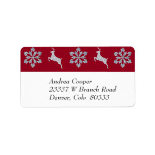 Red Silver Snowflake Reindeer Border Label