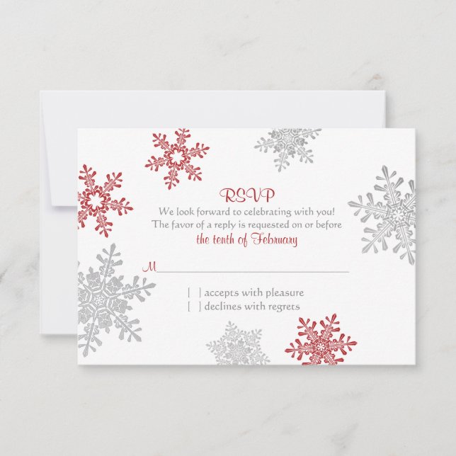 Red Silver Snowflake Winter Wedding RSVP (Front)