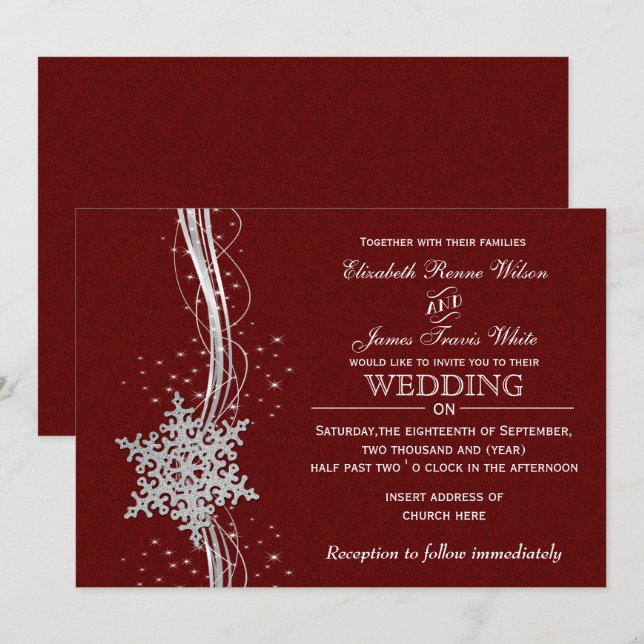 red Silver Snowflakes Winter wedding invitations (Front/Back)