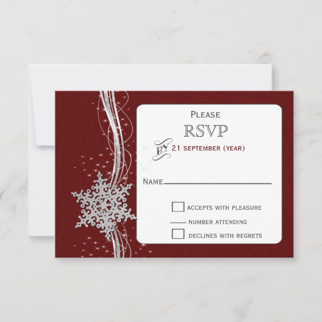 red Silver Snowflakes Winter wedding RSVP Card (Front)