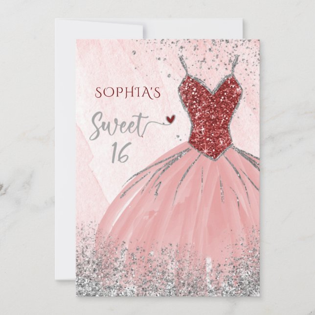 Red Silver Sparkle Glitter Dress Sweet 16 birthday Invitation (Front)