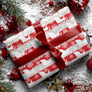 Red & Silver Stripe Snowflake & Santa's Sleigh Wrapping Paper Sheet