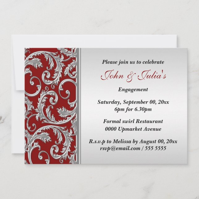 Red silver swirl engagement anniversary CUSTOM Invitation (Front)