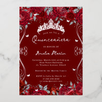 Red Silver Swirl Scroll Floral Quinceanera