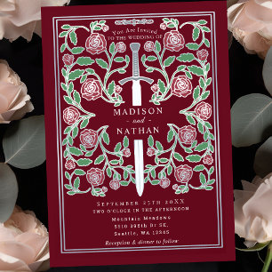 Red Silver Sword Floral Medieval Fantasy Wedding Invitation