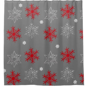 Red, Silver & White Snowflakes on Charcoal Grey Shower Curtain