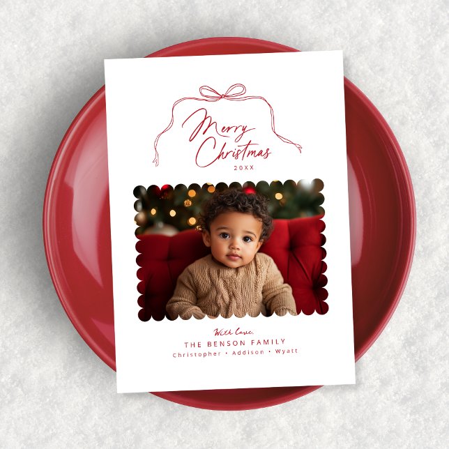 Red Simple Bow Scalloped Photo Christmas Card (Shown on a 5" x 7" card)