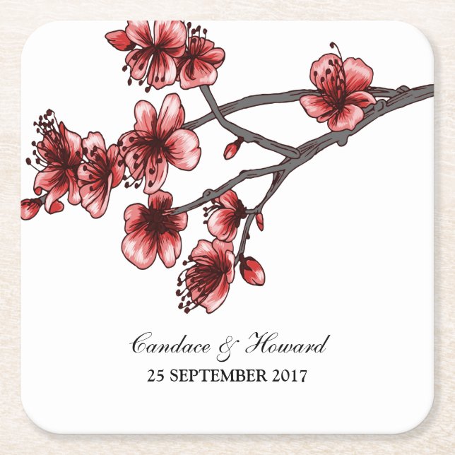 Red Simple Cherry Blossoms Paper Coasters (Front)