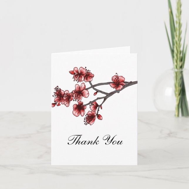 Red Simple Cherry Blossoms Thank You Card (Front)