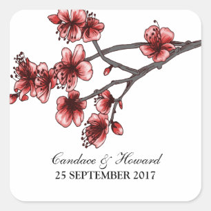 Red Simple Cherry Blossoms Wedding Stickers
