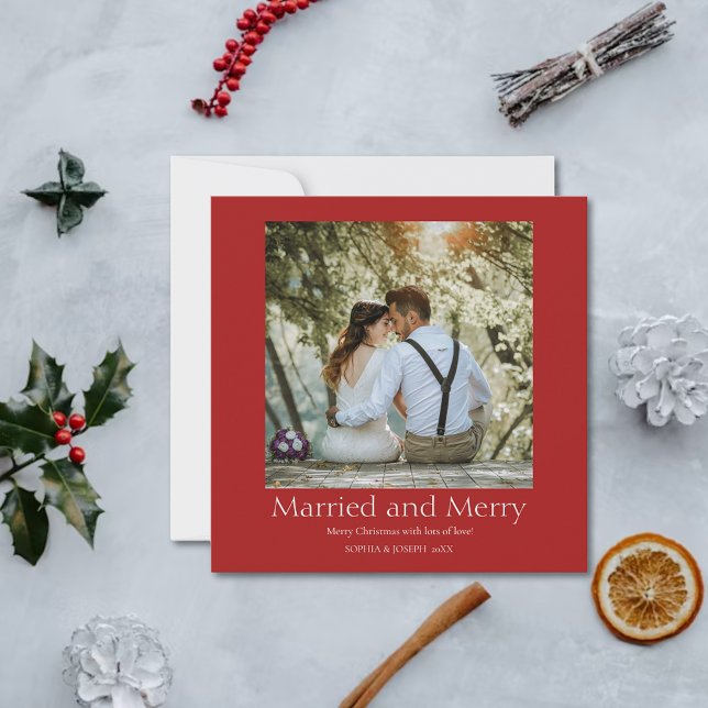 Red Simple Christmas Married and Merry Newlywed Holiday Card (Creator Uploaded)