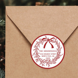 Red Simple Christmas Pine Wreath Return Address Classic Round Sticker