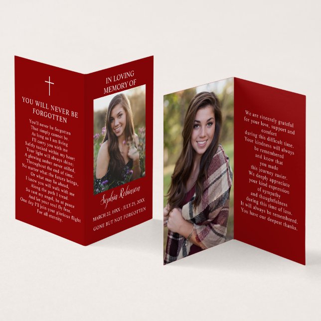 Red Simple Funeral Memorial Photo Prayer Card (Inside and Outside)