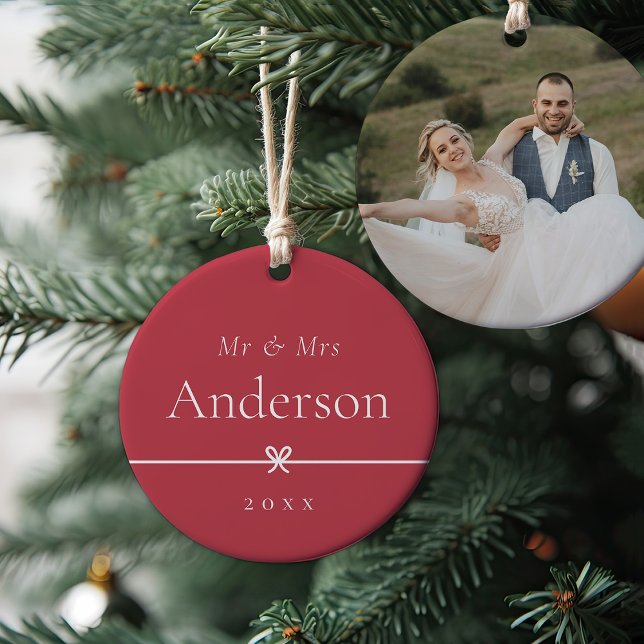 Red | Simple Minimal Bow Wedding Photo Ceramic Tree Decoration (Creator Uploaded)
