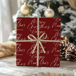 Red Simple Modern Merry Christmas & Happy New Year Wrapping Paper