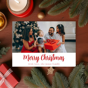 Red Simple Modern Script One Photo Merry Christmas Holiday Card