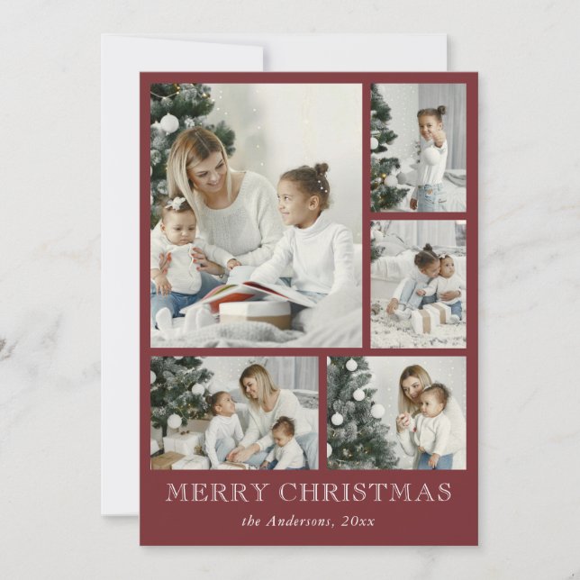 Red Simple Photo Collage Christmas Holiday  Card (Front)