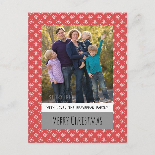 Red Simple Snowflake Holiday Photo Postcard (Front)
