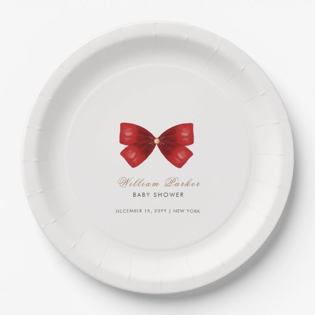 Red Simple Watercolor Bow Baby Shower Paper Plate (Front)