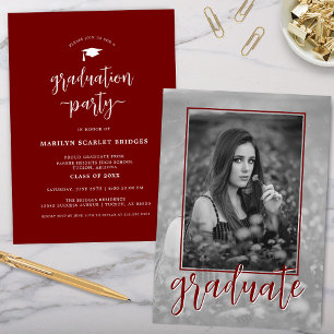 Red Single Photo Script Graduation Invitation