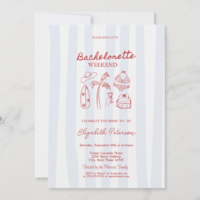 Red Sketch Bachelorette Weekend Blue Stripes Invitation (Front)