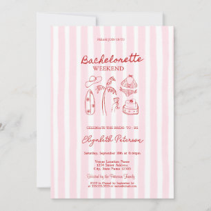 Red Sketch Bikinis & Martinis Pink Striped Invitation