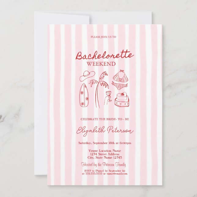 Red Sketch Bikinis & Martinis Pink Striped Invitation (Front)