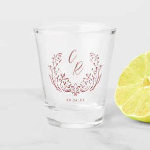 Red Sketched Vintage Flourish Wedding Monogram Shot Glass