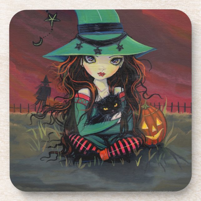 Red Skies of October Halloween Witch Art Coaster (Front)