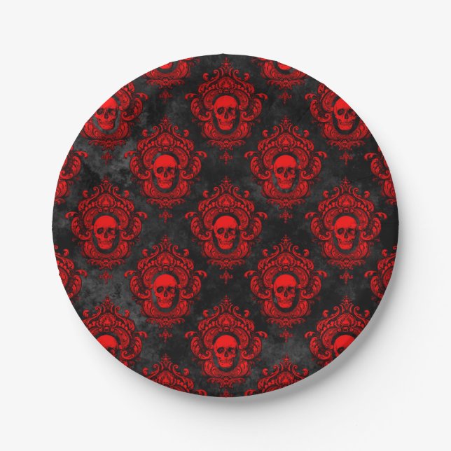 Red Skull and Gothic Black Paper Plate (Front)