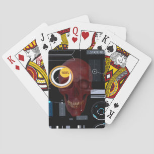 Red skull behind see-through screen hacker playing cards