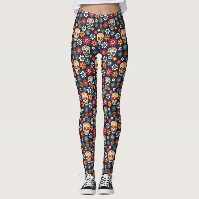 Red skull floral pattern leggings (Front)